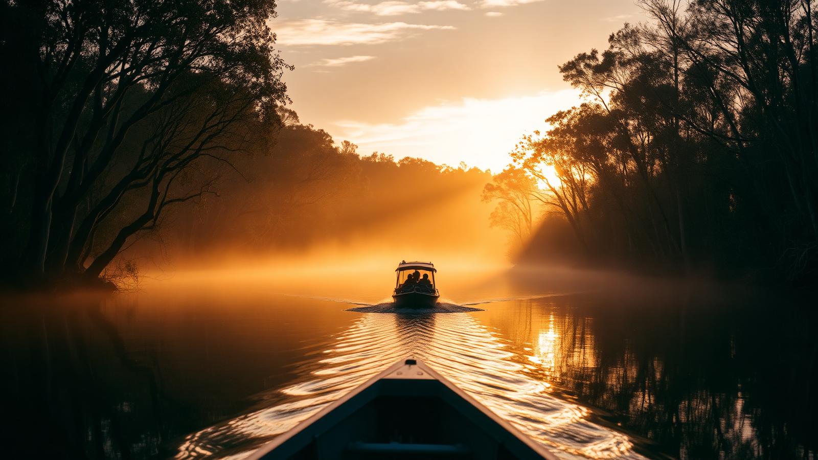An eco tour boat on a still Queensland river at sunrise