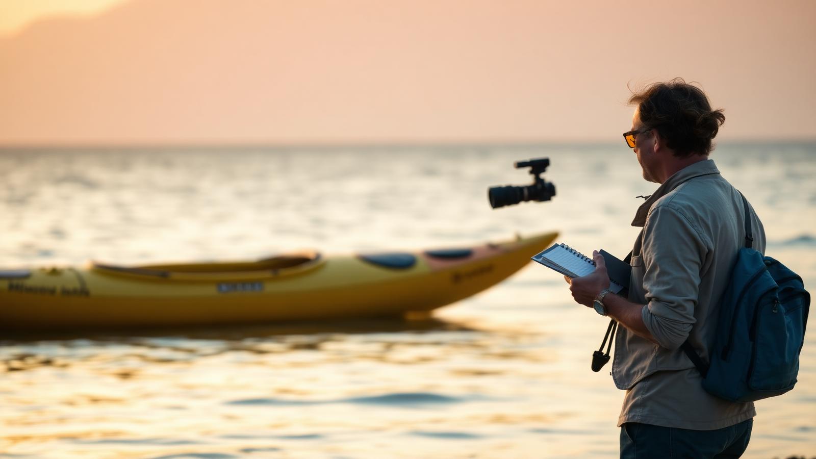 Tour guide photographing a kayak on a beach at golden hour