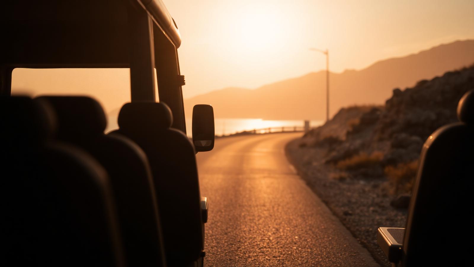 Empty seat on a tour minibus parked on a coastal road at sunrise