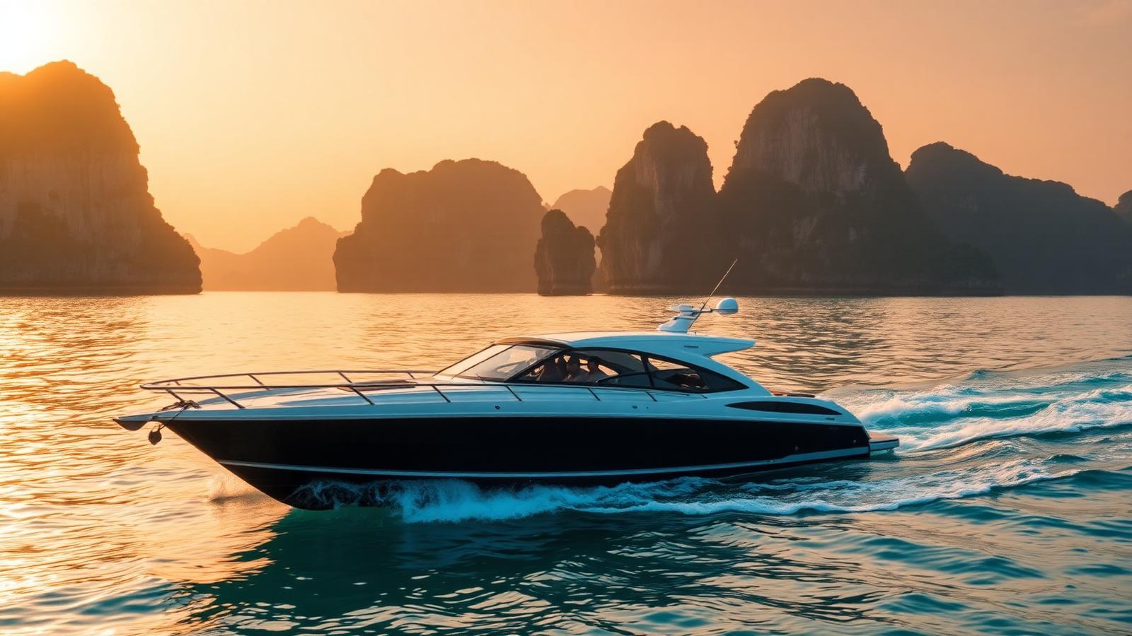A premium speedboat crossing the Andaman Sea past limestone karst islands at sunset