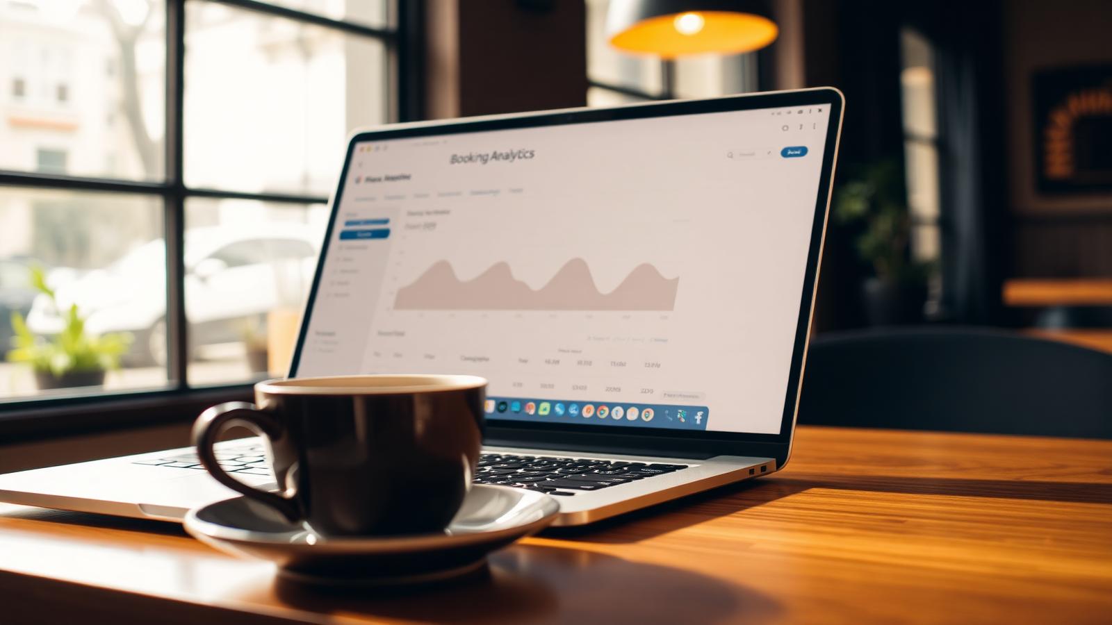 Laptop showing a booking analytics dashboard on a cafe table